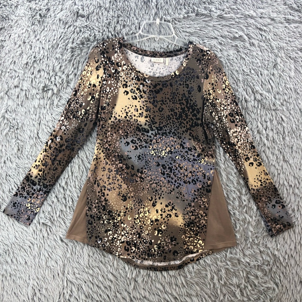 LOGO Shirt Lori Goldstein Womens XS Printed Knit Top Animal Print Gray Brown